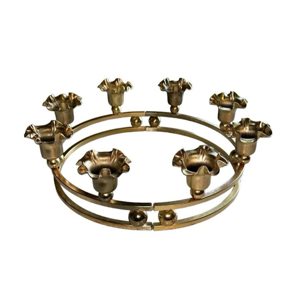 Vtg 2 Pc Brass Hollywood Regency Glam Gold Ruffled 8 Candle Taper Holder Ring